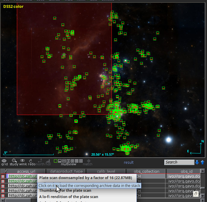 An Aladin screenshot with many green squares overplotted on a DSS image sized 20×15 degrees.