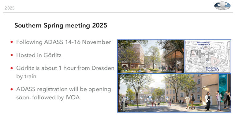 A presentation slide advertising the Southern Spring meeting 2025 hosted in Görlitz with a few fake photos from there (showing the future DZA) and a groundplan of the future institute.  It stresses that “Görlitz is about 1 hour from Dresden”.