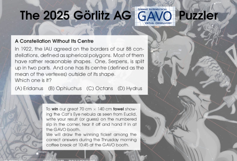 A problem sheet with constellation art in the background and asking for an IAU constellation whose centre is outside of its area.