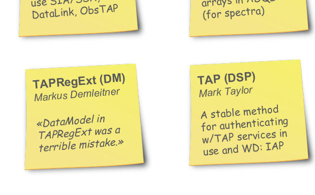 A cutout of a presentation slide with a fake post-it note quoting me as saying: dataModel in TAPRegExt was a terrible mistake.