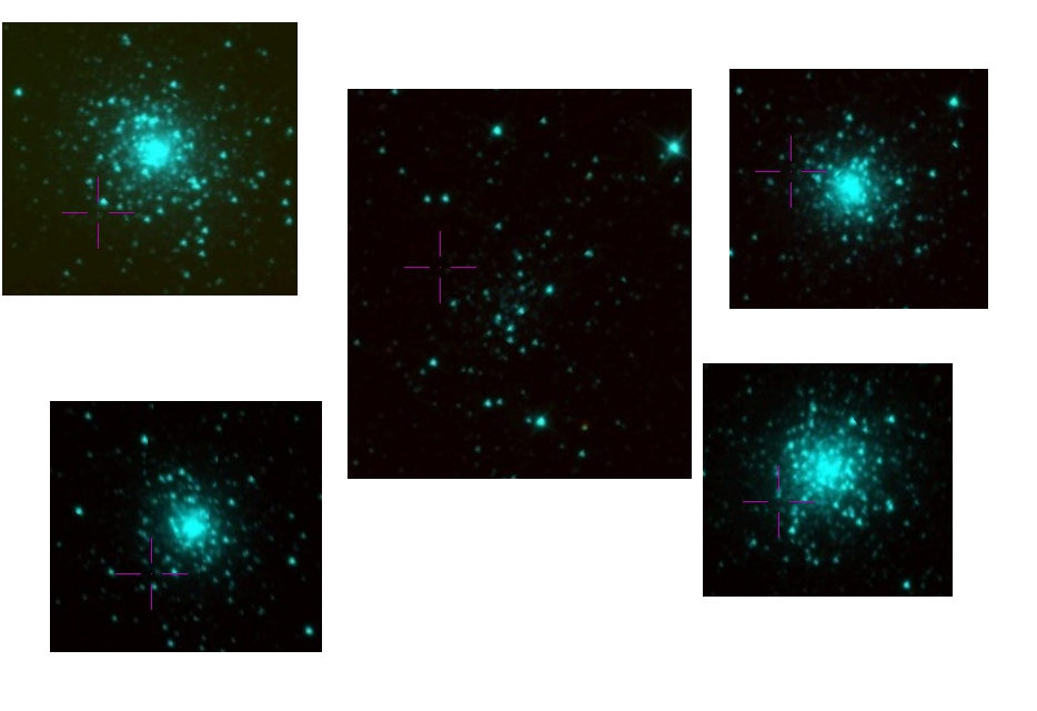 Five sky images, all of them showing star clusters