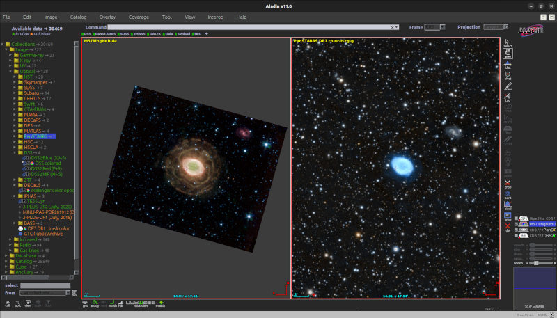 An aladin window showing two aligned photos of the ring nebula in Lyra
