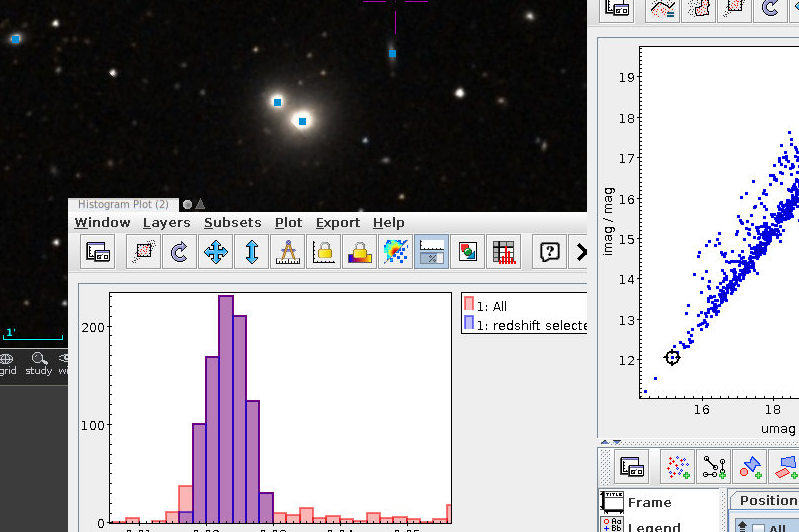 part of a screenshot: a histogram, a sky photo with overplotted points