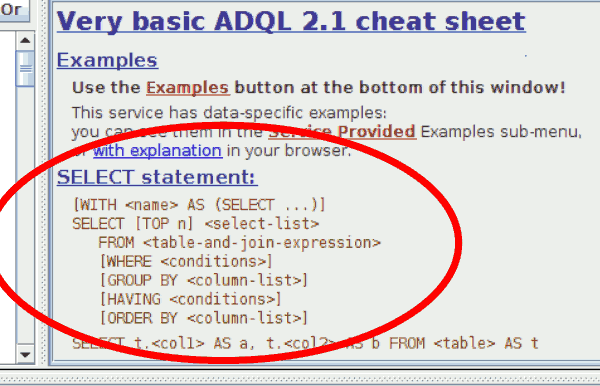 Screenshot of an ADQL cheat sheet with an optional WITH clause in a red ellipse.