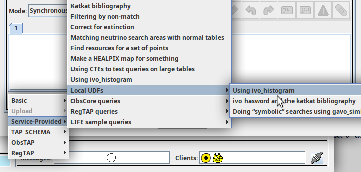 A three-level popup menu Service Provided -> Local UDFs -> using ivo_histogram