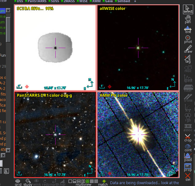 A screenshot with four panes showing astronomical images from SCUBA, allWISE, PanSTARRS, XMM, and a few aladin widgets around it.