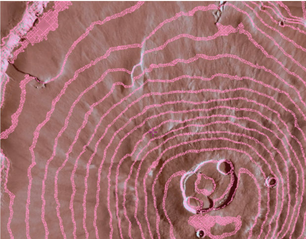 A photo of Olympus Mons on Mars with overplotted contour lines.