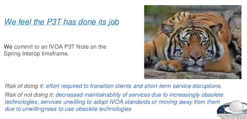 A presentation slide with a sleeping tiger and the proclamation that ”We feel the P3T has done its job”.