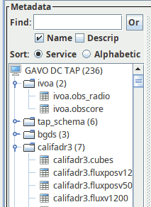 Screenshot of a hierachical display, top-level entries are, in that order, ivoa, tap_schema, bgds, califadr3; ivoa is opened and shows obscore and obs_radio, califadr3 is opened and shows cubes first, then fluxpos tables and finally flux tables.