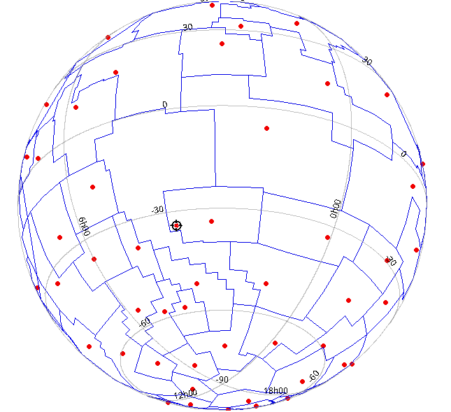 A plot of the sky in gnomonic projection with constellation boundaries as blue lines and their centres as red dots; in the centre, there is a fairly complicated form near the centre and a selected red dot: Eridanus and its centre.