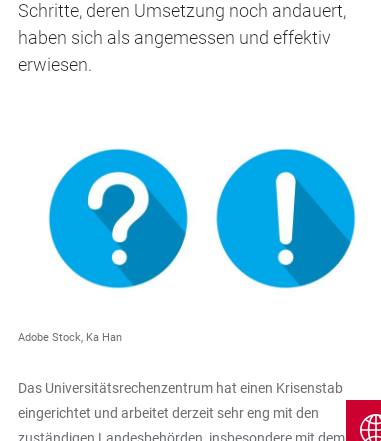 A question and exclamation mark each in a blue circle, centered between German text.