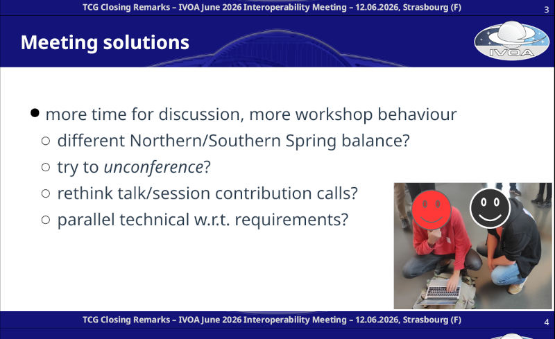 A slide with text wishing for more time for discussions; in the lower right corner there's a photo of two persons crouching over a computer placed on a backpack.