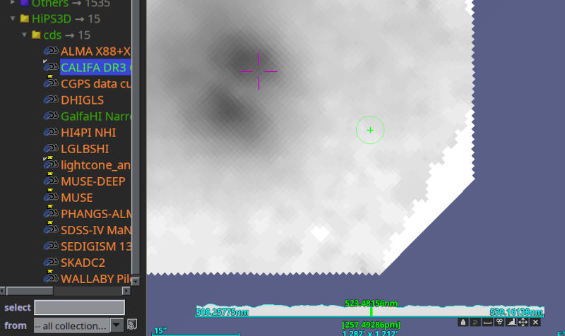 A screenshot of the Aladin client with HiPS3D → cds → CALIFA open and a black/white image and a spectrum displayed.