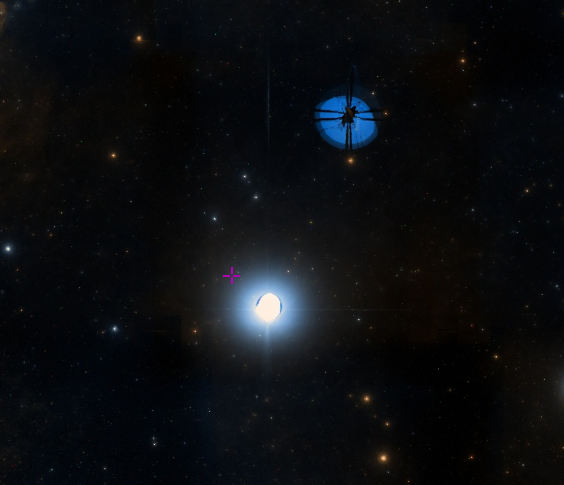 An sky image with a bright star and an oddly-shaped blue artefact next to it.
