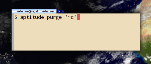 Screenshot of a terminal with the command: aptitude purge '~c'